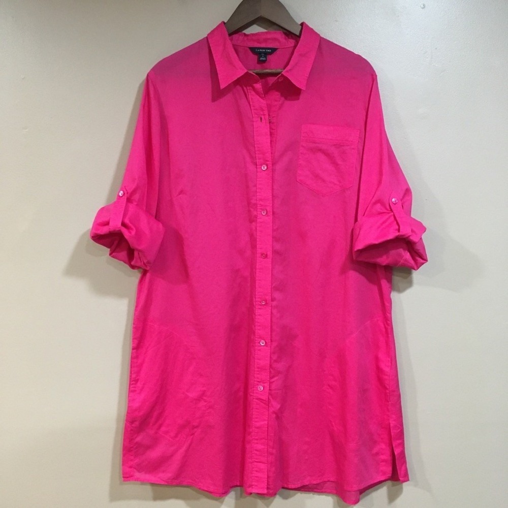Lands End Roll Tab Sleeve Button Down Tunic Dress Womens XL Pink Coastal Preppy
